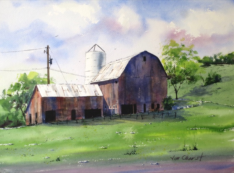 landscape, house, farmhouse, farm, rural, original watercolor painting, oberst